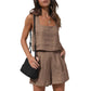 Woman in brown linen tank top and shorts set with black woven bag, summer fashion outfit