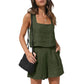 Olive green women's sleeveless top and shorts set with square neckline, paired with black woven bag