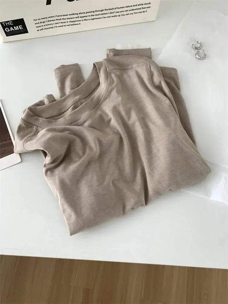 Beige women's short sleeve t-shirt, casual fashion top, soft fabric, minimalist style