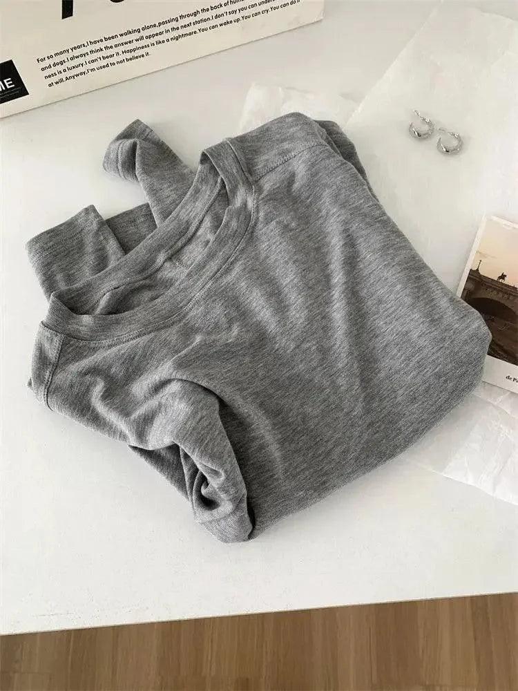 Gray women's long sleeve t-shirt, casual fashion top, soft cotton blend, minimalist style