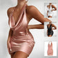 Pink satin halter neck mini dress with deep V-neckline, ruched waist, shown in white, black, and pink options