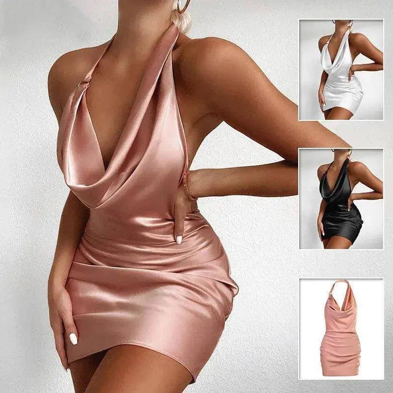 Pink satin halter neck mini dress with deep V-neckline, ruched waist, shown in white, black, and pink options