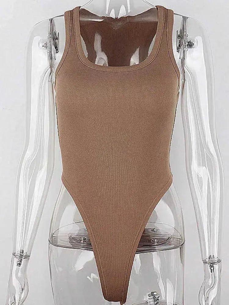 Brown ribbed one-piece bodysuit on mannequin, women's fashion