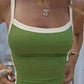 Green ribbed crop top with white trim, women's fashion, layered necklaces, gold bracelet