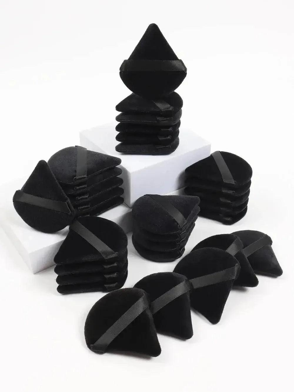 Black velvet makeup sponges with ribbon straps, beauty tools for flawless application