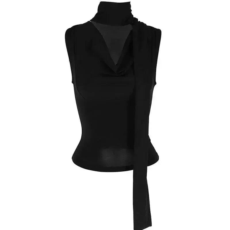 Black sleeveless turtleneck top with draped neckline and side tie detail for women's fashion