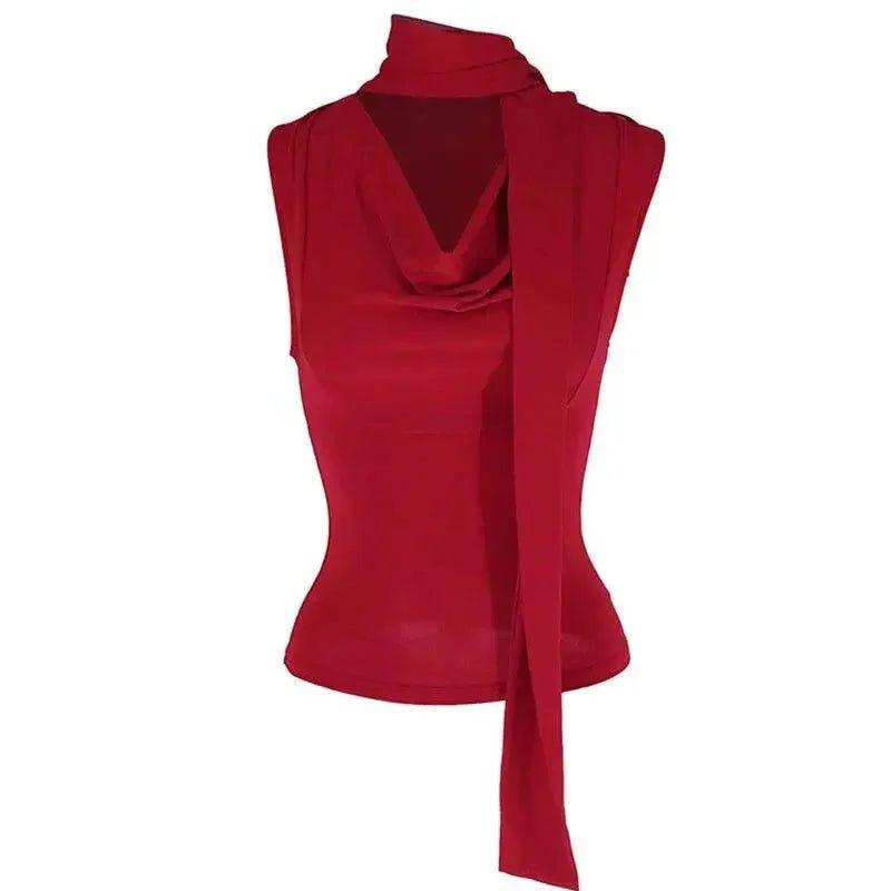 Red sleeveless women's top with cowl neck and side tie detail, stylish fashion blouse
