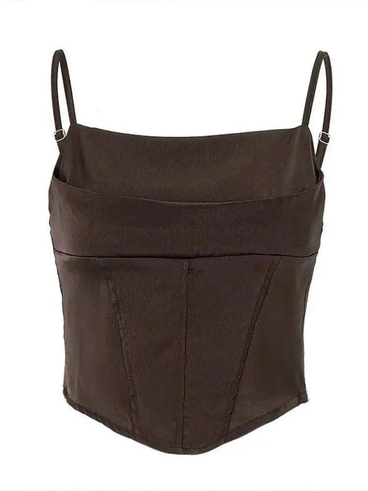 Brown corset-style women's top with adjustable straps, perfect for fashion-forward outfits.