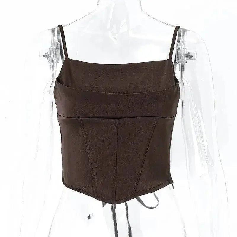 Brown corset-style crop top with thin straps, women's fashion