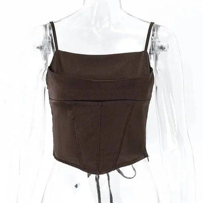 Brown corset-style crop top with thin straps, women's fashion