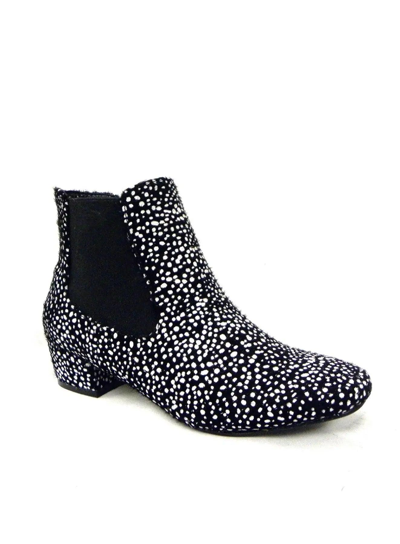 Black and white polka dot ankle boot with low heel, women's fashion footwear