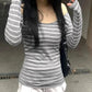 Gray and white striped long sleeve off-shoulder top for women, casual fashion