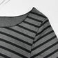 Gray and black striped women's fashion top with crew neckline detail