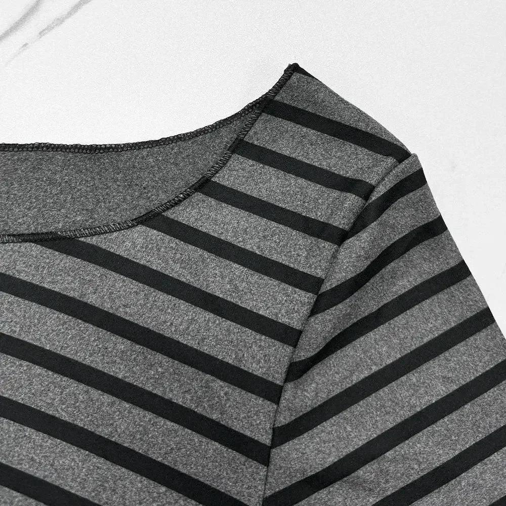 Gray and black striped women's fashion top with crew neckline detail