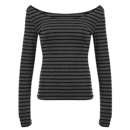Gray and black striped off-shoulder long sleeve top for women's fashion