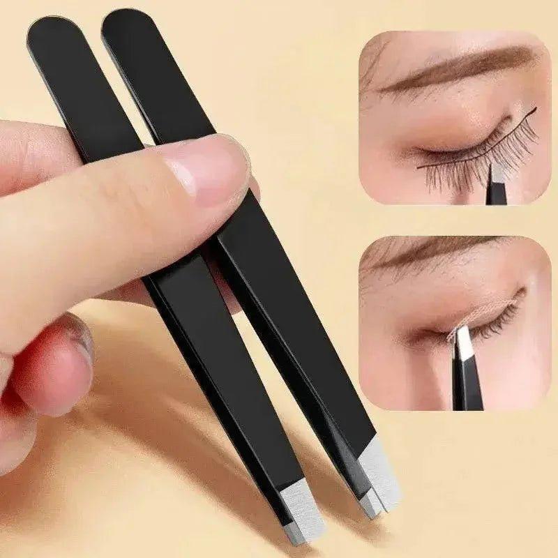 Black precision tweezers for eyebrow grooming and eyelash application, beauty tools for women's fashion