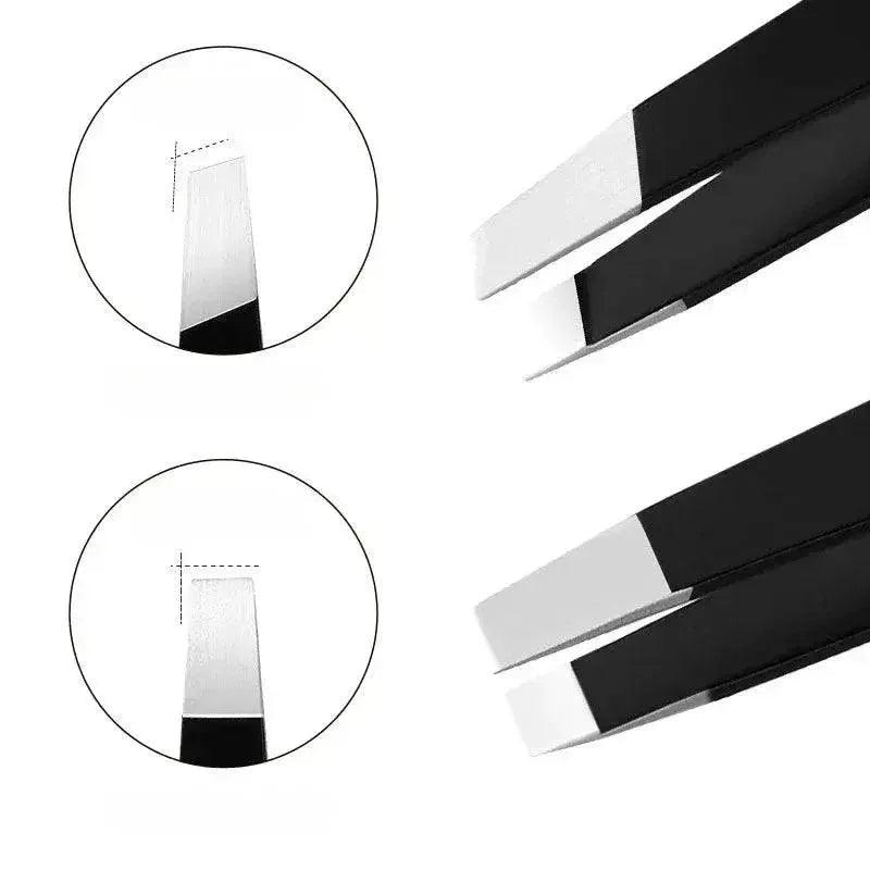 Precision slant tip tweezers for beauty and grooming, close-up view of stainless steel tips
