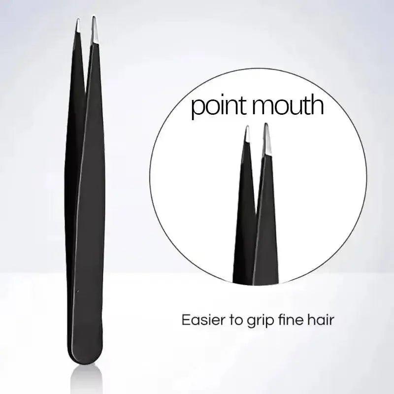 Black precision tweezers with pointed tips for gripping fine hair, ideal for beauty and fashion grooming