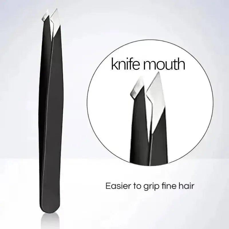Black precision tweezers with knife-edge tips for gripping fine hair, beauty and fashion tool