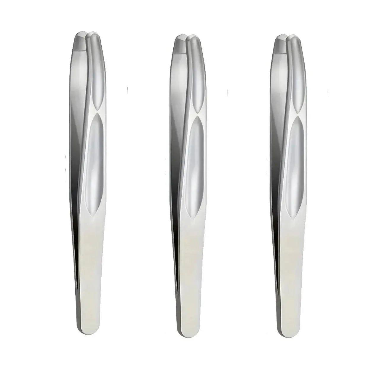 Three sleek stainless steel tweezers for precise beauty grooming and makeup application