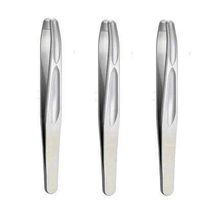 Three sleek stainless steel tweezers for precise beauty grooming and makeup application