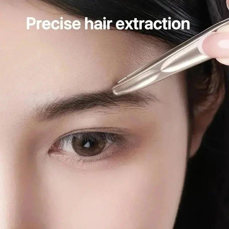 Precise eyebrow hair extraction with sleek tweezers for beauty grooming