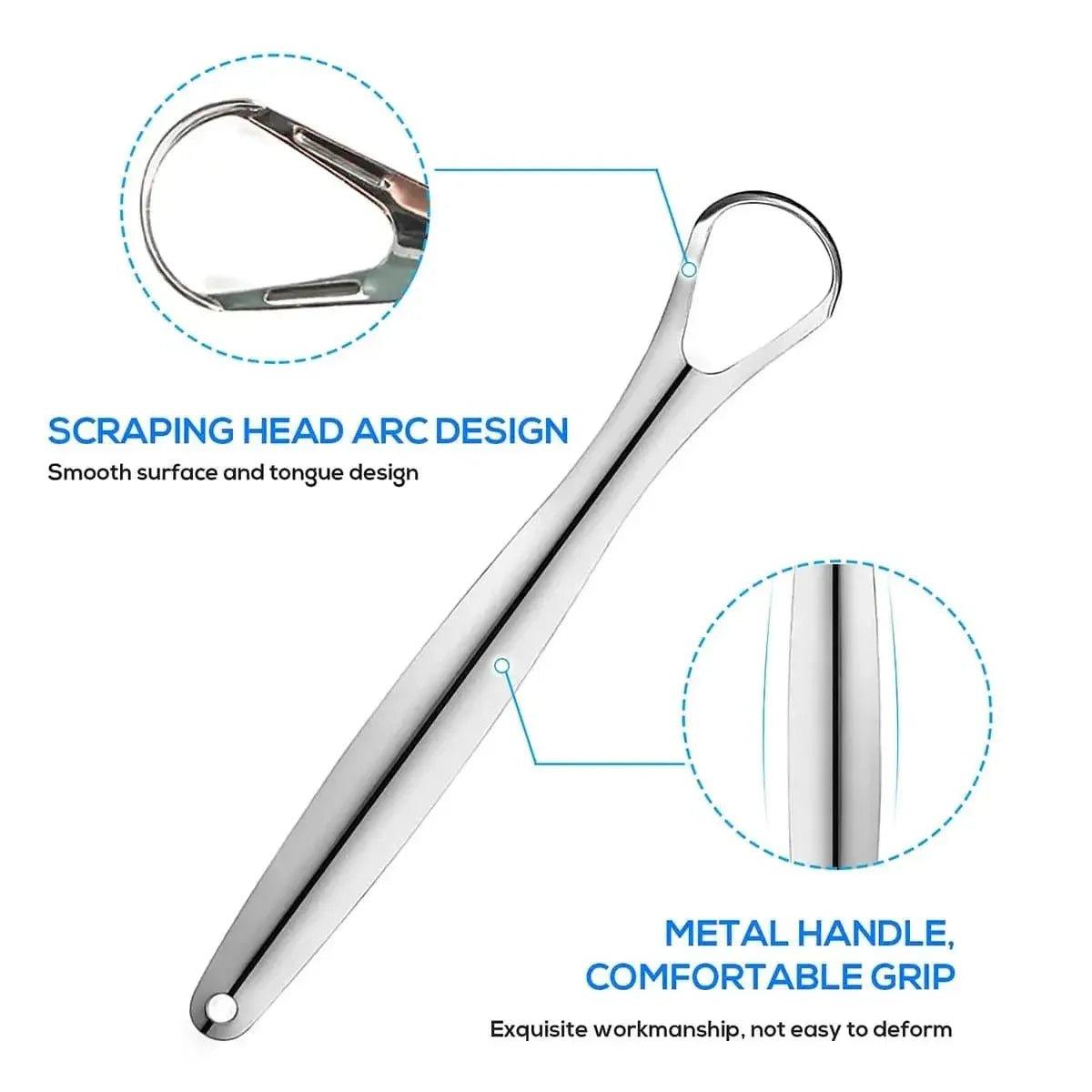 Stainless steel tongue scraper with arc design and comfortable grip for oral hygiene