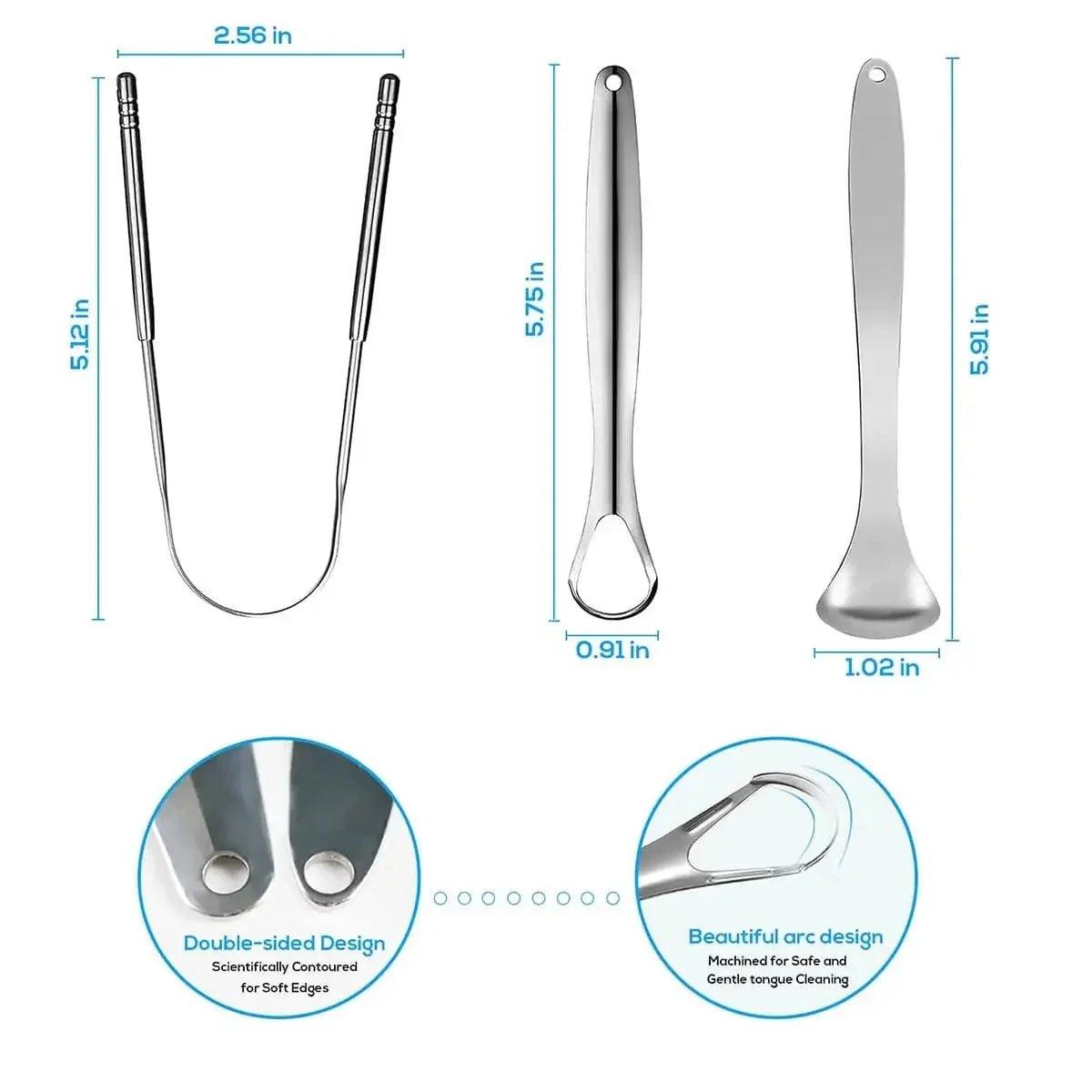 Stainless steel tongue scraper set with double-sided and arc design for gentle oral care