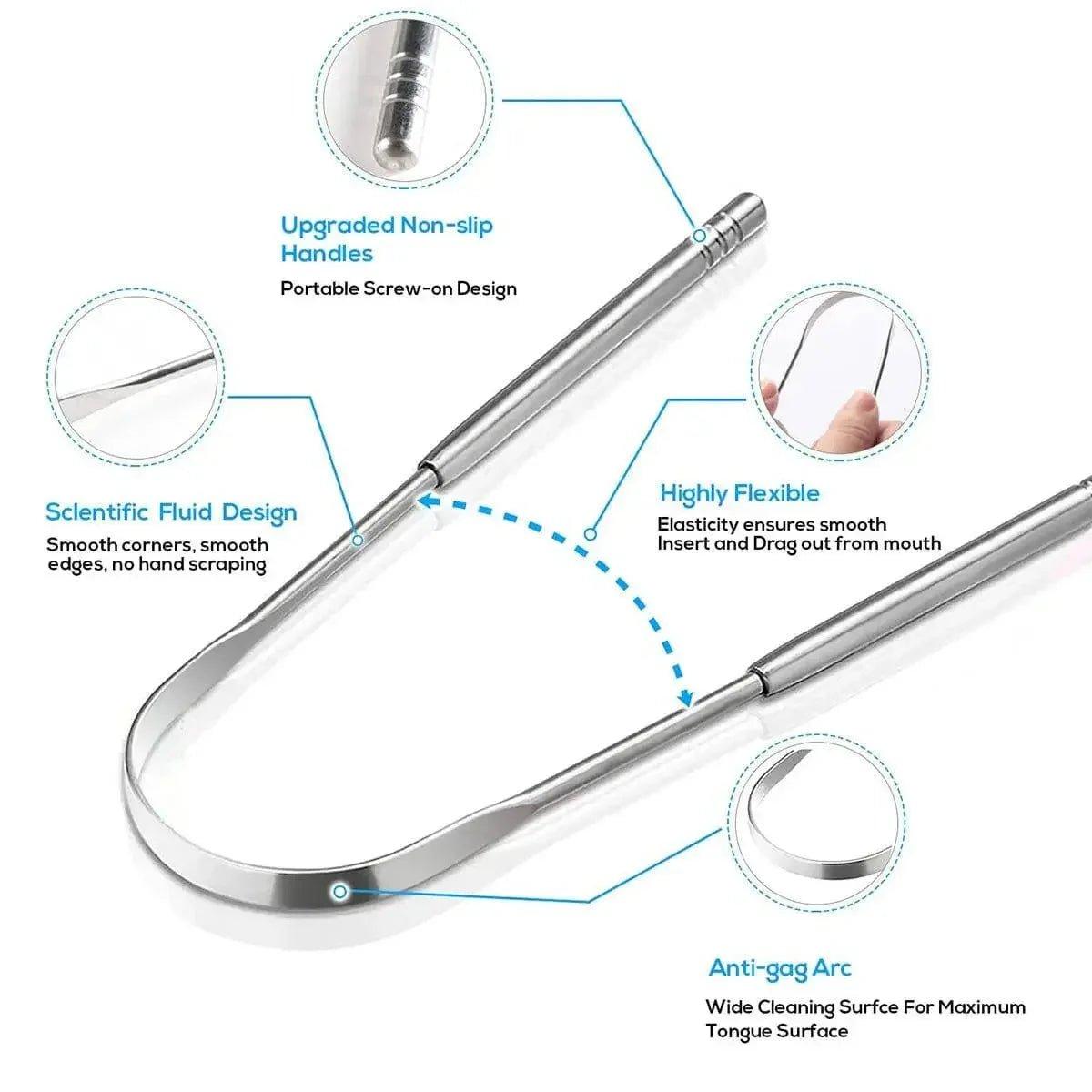 Stainless steel tongue scraper with non-slip handle, flexible arc, and anti-gag design for oral hygiene