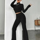 Black ribbed knit crop top and flare pants women's fashion set