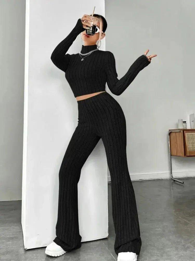 Black ribbed knit crop top and flare pants women's fashion set
