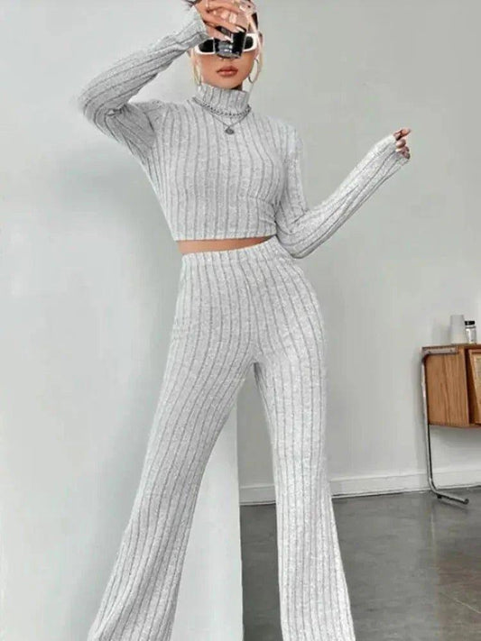 Women's ribbed knit crop top and flared pants set, stylish fashion outfit