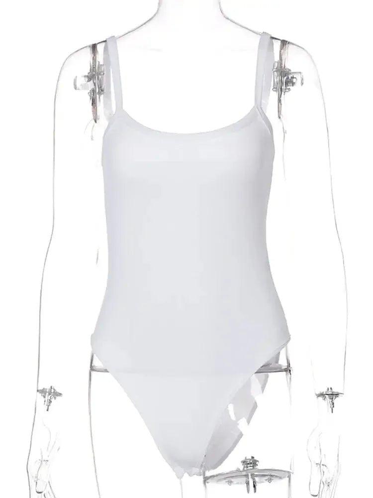White women's one-piece bodysuit on mannequin, sleek fashion design for everyday wear