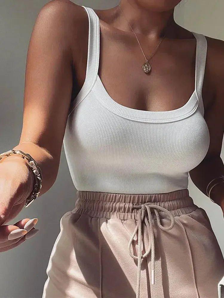 White ribbed tank top with scoop neckline, paired with drawstring waist pants, women's fashion