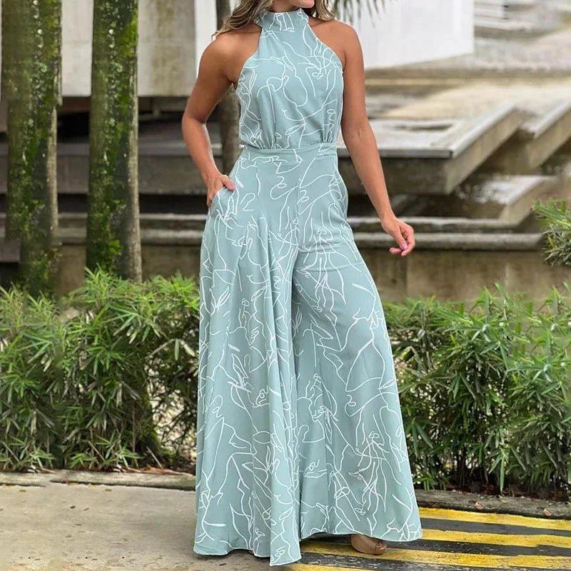 Summer European and American women's wear with elegant waist - cinching sash - tie sleeveless off - shoulder long pants printed jumps - Womans Fashion