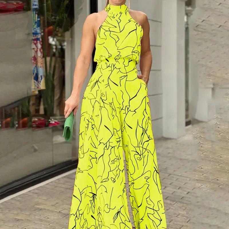 Summer European and American women's wear with elegant waist - cinching sash - tie sleeveless off - shoulder long pants printed jumps - Womans Fashion