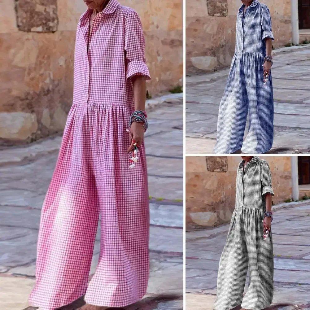 Women's gingham jumpsuit in pink, blue, and green — stylish wide-leg fashion for casual wear