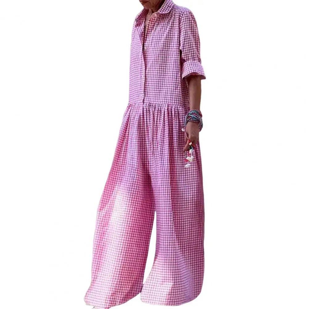 Pink gingham women's jumpsuit with wide legs and rolled sleeves, stylish casual fashion