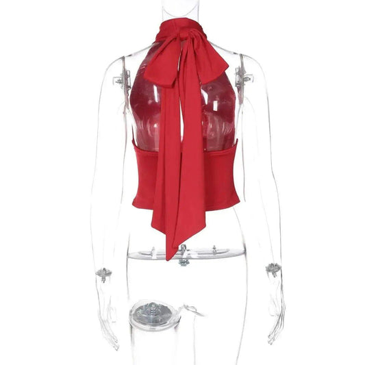 Red halter top with bow tie back, women's fashion crop top on mannequin