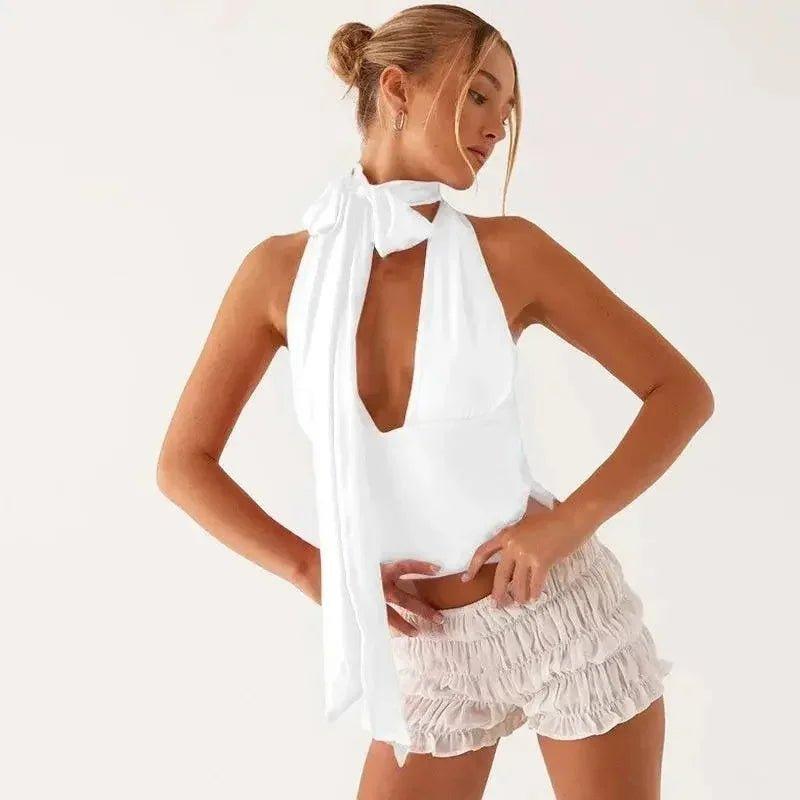 White halter neck top with tie back and ruffled shorts, women's summer fashion outfit