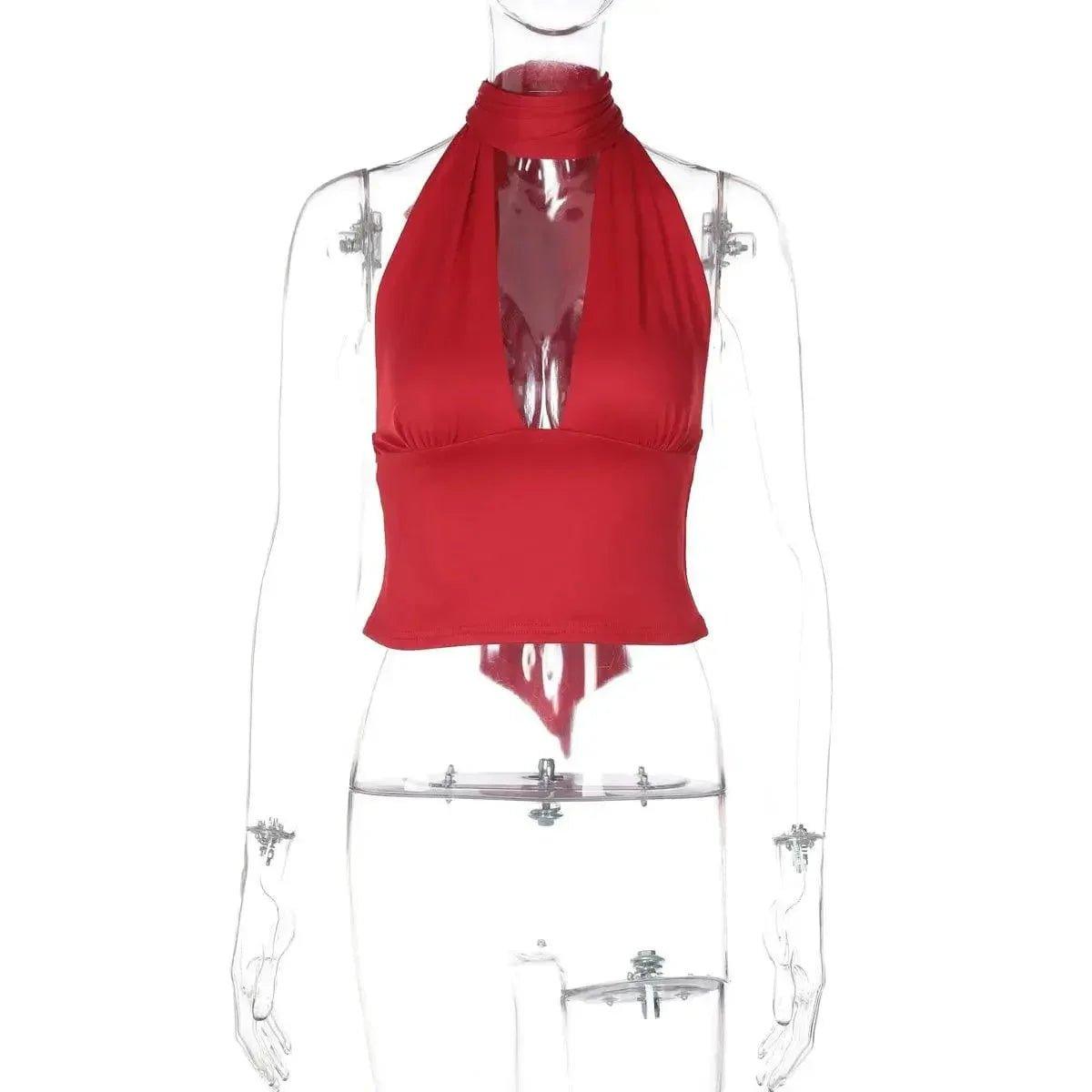 Red halter neck crop top with plunging neckline on mannequin, women's fashion