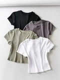 Women's basic crop tops in black, gray, olive, and white — stylish, comfortable fashion essentials
