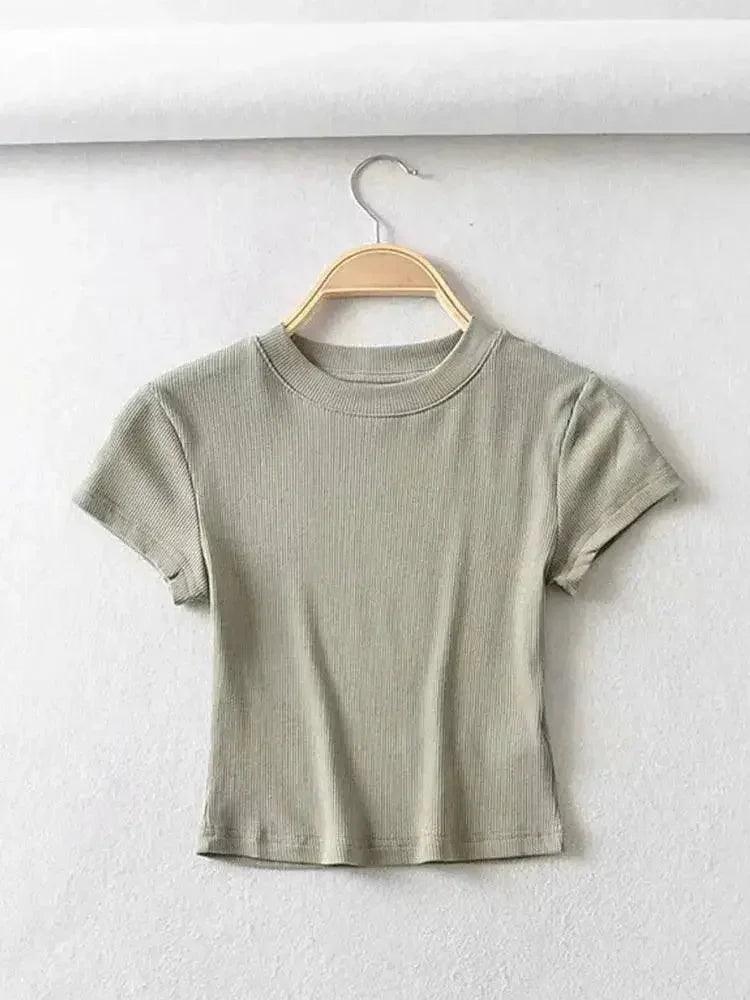 Olive green ribbed crop top for women, short sleeve fashion tee on hanger