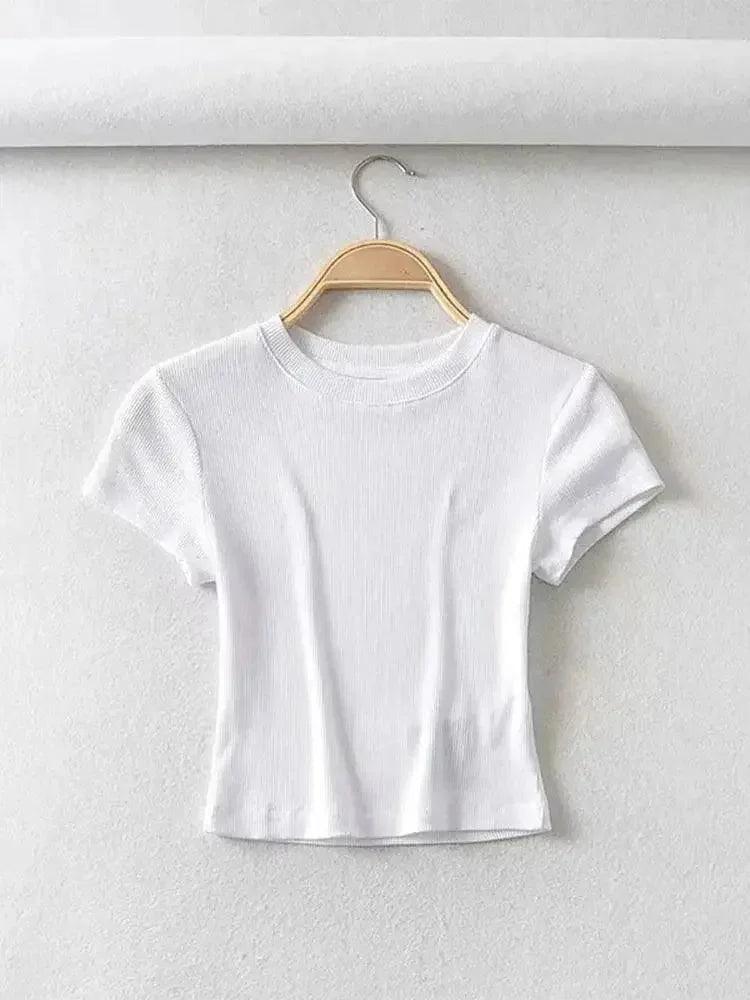 White ribbed crop top for women, stylish short sleeve fashion tee on hanger