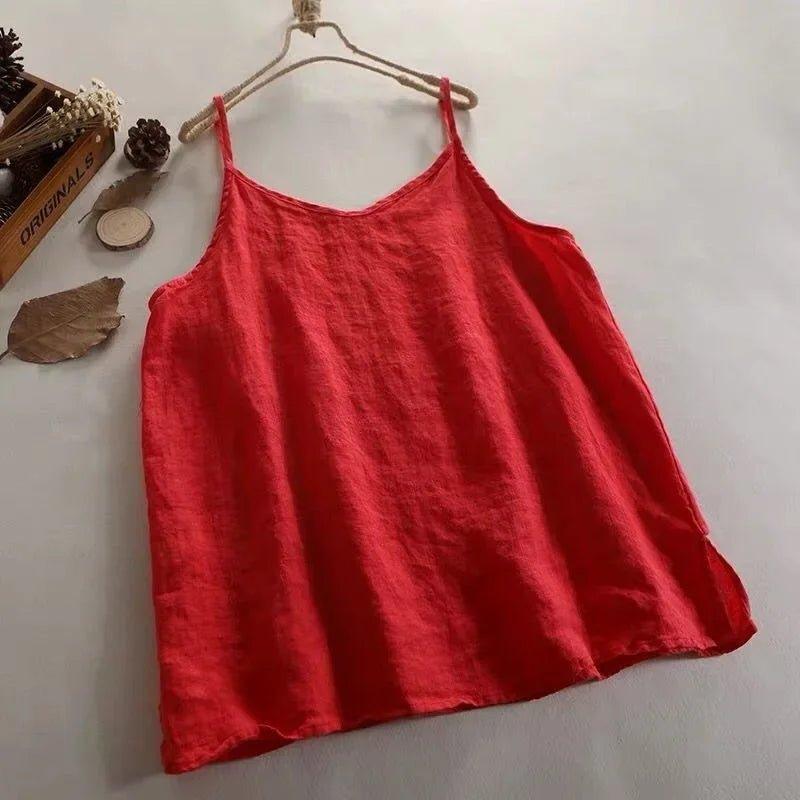 Summer Simple All - match Top Loose Thin Camisole Solid V - neck Vest Women Clothing Sleeveless Casual Highstreet Holiday T-shirt - Womans Fashion