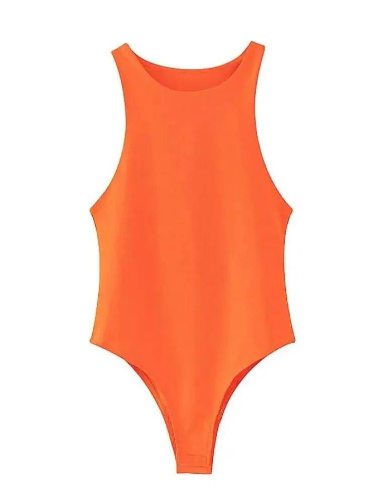 Bright orange sleeveless bodysuit for women's fashion, perfect for casual or layered looks.