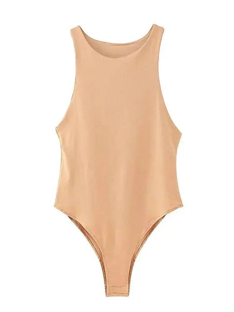 Beige sleeveless bodysuit for women, stylish and versatile fashion essential