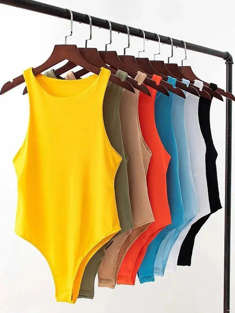 Women's colorful sleeveless bodysuits on hangers, fashion tops for casual wear
