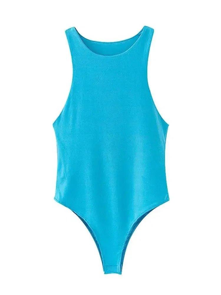Bright blue sleeveless bodysuit for women's fashion, perfect for layering or solo wear
