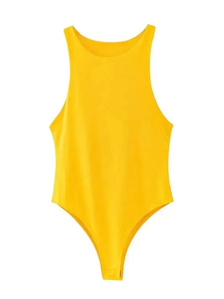 Bright yellow sleeveless bodysuit for women's fashion, stylish and versatile summer wear